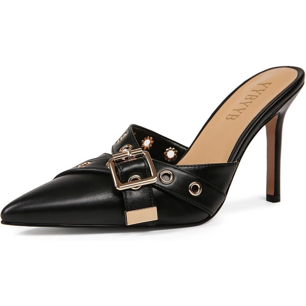 Women's Black High Heel Pointed Closed Toe Mule Heels Bow Studded Stiletto Heel